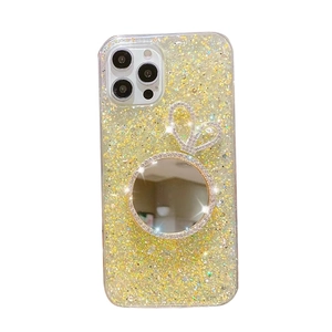 Glitter iPhone 17 Pro Max case with makeup mirror and rhinestone rabbit ears decoration