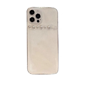 Glitter iPhone case with elegant pearls and bowknot decoration on cream white cover