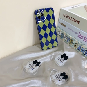 Heart Shaped Phone Holder Griptok Transparent Acrylic Resin With Black Bow And Silver Chain Retractable Desktop Grip