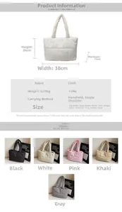 Tabella taglie borsa trapuntata con dimensioni 38x24x13 cm e dettagli sul tessuto leggero