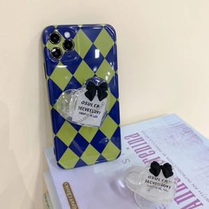 Blue diamond pattern phone case with black bow heart-shaped retractable grip stand