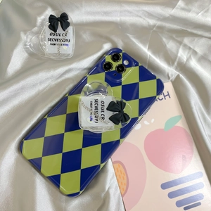 Blue green plaid phone case with heart-shaped stand and black bowknot charm