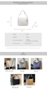 Detailed chart showing nylon quilted tote bag dimensions and various color options