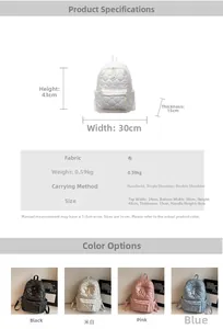 Quilted backpack detailed size specifications and color options showing 43x30x15cm dimensions