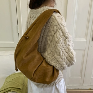 Caramel faux suede large hobo bag with slouchy drawstring design for autumn winter