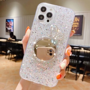 Sparkly silver glitter iPhone case with rabbit ear mirror and rhinestone accents
