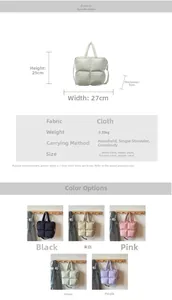 Detailed size chart and specifications for the quilted puffer tote bag with color options