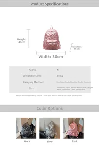 Detailed size specifications for quilted waterproof backpacks in black, silver and pink