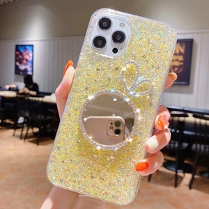Sparkling yellow glitter phone case for iPhone with luxury rhinestone rabbit mirror