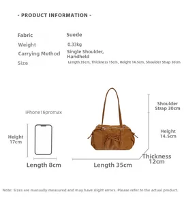 Tableau des tailles montrant les dimensions et les détails du daim pour le grand sac marron