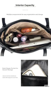 Detail view of large capacity black leather bag showing multiple functional compartments