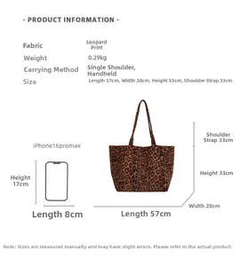 Size chart for leopard print suede tote bag showing dimensions and weight details