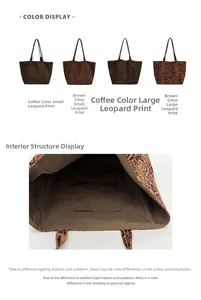 Close-up of leopard print tote bags showing varied patterns and internal pocket detail