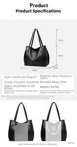 Detailed technical view of large black tote bag showing size specs and capacity details