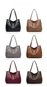 Six different colors of high-capacity leather tote bags displayed in a clear grid view