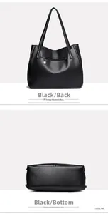 Detailed back and bottom view of black large capacity tote bag in lychee pattern leather