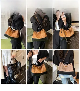 Collage of model showcasing large bucket tote with suede quilting and metal chain strap