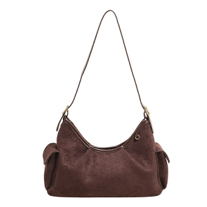 Sac à bandoulière minimaliste en suédine marron foncé avec poches et boucle dorée