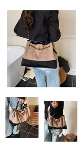 Detail of suede and quilted leather patchwork bucket bag with gold-tone twist lock and chain