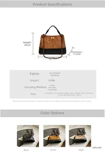 Detailed size specifications and material chart for large quilted suede bucket tote bag