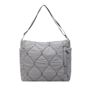 Large grey quilted nylon shoulder bag for women with diamond stitching and adjustable strap