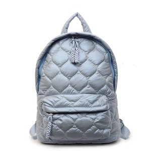 Quilted down-filled nylon backpack in light blue with diamond stitching and front zip pocket
