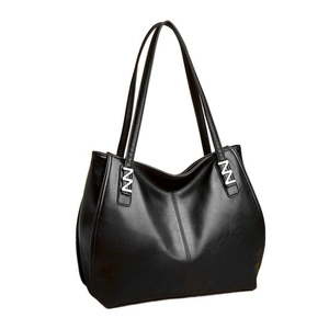 Black leather tote bag with large capacity and silver N-shaped metal decorative buckle