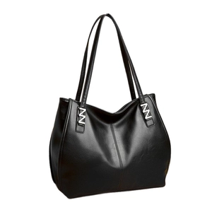 Large black leather tote bag for women with silver metal accents and dual shoulder straps