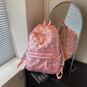 Women Quilted Backpack Glossy Nylon Fabric Bow Bear Pattern Puffy Casual Daily Travel Korean Fashion For Ladies Girls