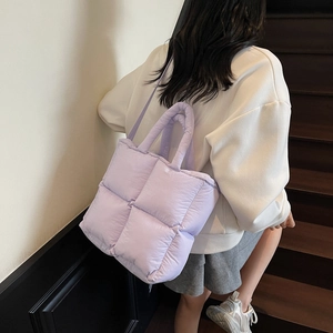 Lavender quilted tote bag for women with large capacity and soft puffer texture design