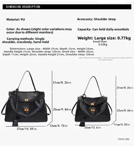 Guide des tailles pour sac cabas noir en PU montrant les dimensions des modèles grand et petit