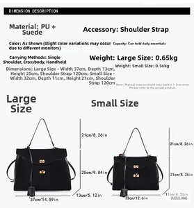 Guide des tailles pour sac cabas noir en simili cuir montrant les dimensions L et S
