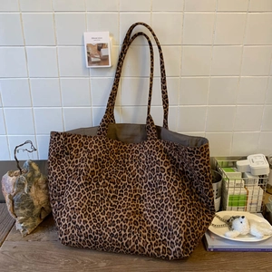 Large Capacity Leopard Print Tote Bag Suede Vintage Korean Style Women Shoulder Handbag Commuter