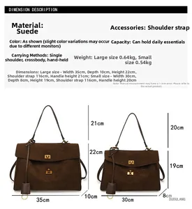 Guide des tailles montrant les dimensions du grand et petit sac cabas en suédine marron