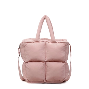 Stylish large pink quilted tote bag with padded shoulder strap for women and students
