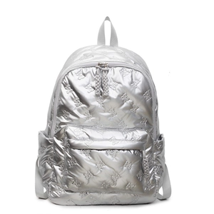 Silver metallic quilted backpack with butterfly patterns and large capacity nylon design