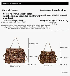 Tableau comparatif des tailles pour grands et petits sacs cabas en daim à motif léopard