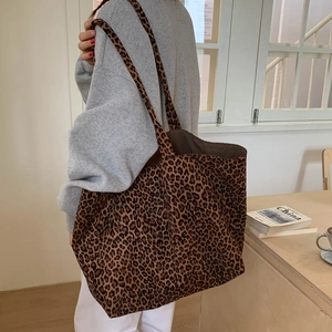 Large leopard print canvas tote bag with retro shoulder straps for daily casual wear