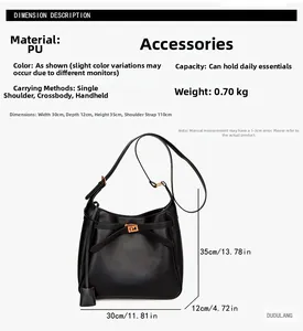 Dimensions détaillées du sac cabas noir en cuir PU avec boucle en métal doré