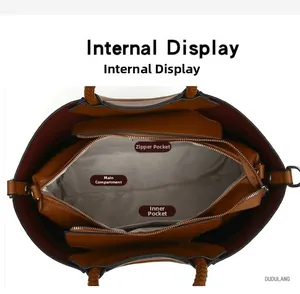 Vue détaillée de l'intérieur du sac cabas en cuir marron avec compartiments zippés