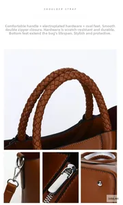 Détails du cabas en cuir avec poignée tressée, quincaillerie argentée et clous de fond