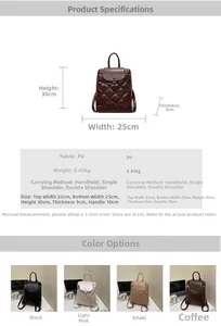 Detailed size specifications for a quilted PU leather backpack in four classic colors