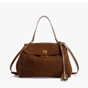 Vintage Suede Frosted PU Shoulder Bag Large Capacity Women Commuting Handbag With Gold Twist Lock Crossbody Tote