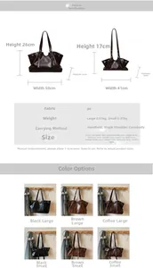 Detailed size guide and specifications chart for vintage PU leather tote bags in two sizes