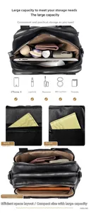 Detailed view of spacious multi-compartment interior for black pebble leather Boston bag