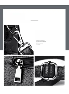 Close-up of durable silver plated metal buckles and zipper details on black leather bag