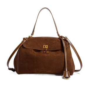 Retro dark brown matte leather handbag with golden twist lock and detachable shoulder strap