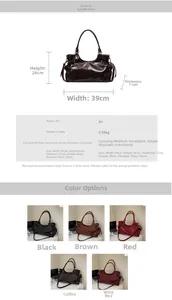 Detailed size chart and multi-color options for the large PU leather tote shoulder bag
