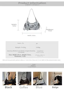 Tableau des tailles et sélection de couleurs pour ce sac bandoulière en PU à boucles