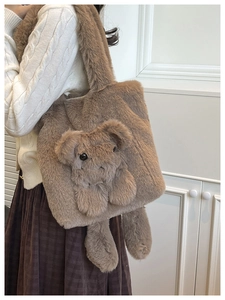 Detail of soft brown plush tote bag featuring a cute 3D stuffed bear and furry strap